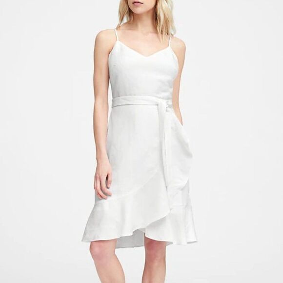 Banana Republic White Linen Blend Ruffle Wrap Spaghetti Strap Dress 14 Petite - Picture 1 of 9